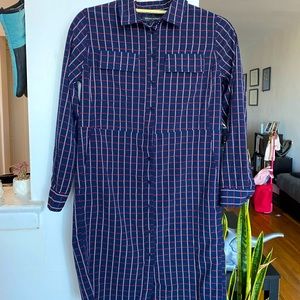 Printed button down shirt dress.